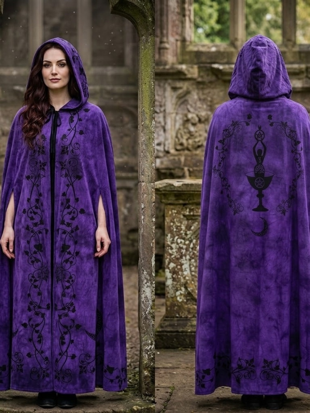 Purple Hooded Long Cloak with Black Vine and Goddess Design Pagan Ritual Goth